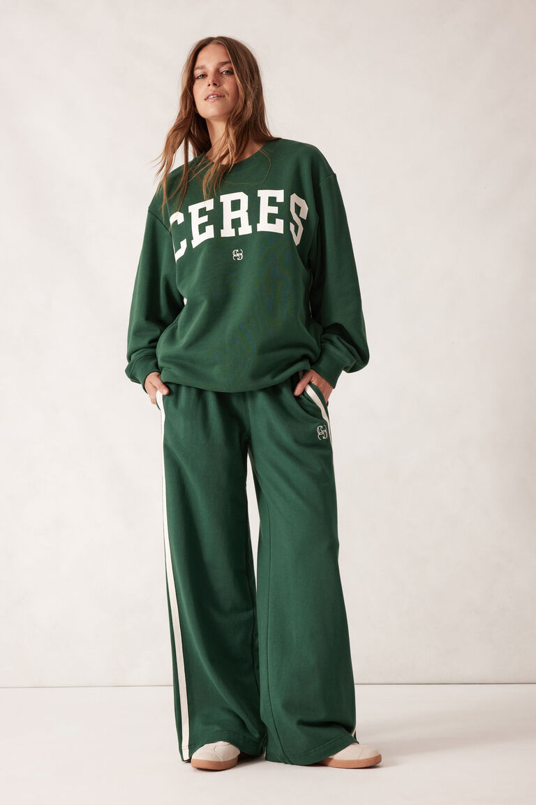 Wide Leg Terry Track Pant | Pine Green