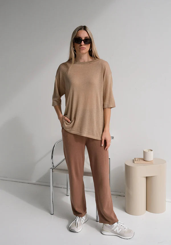 Lennon Boxy Sheer Knit T-Shirt | Stone